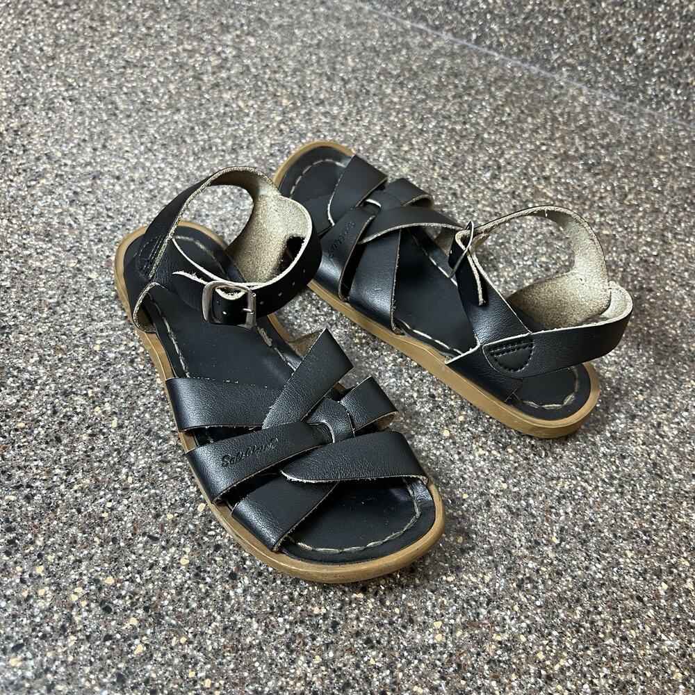 Salt Water Hoyway Sandal Black Leather Little Girls Size 12 Ankle Strap Open Toe